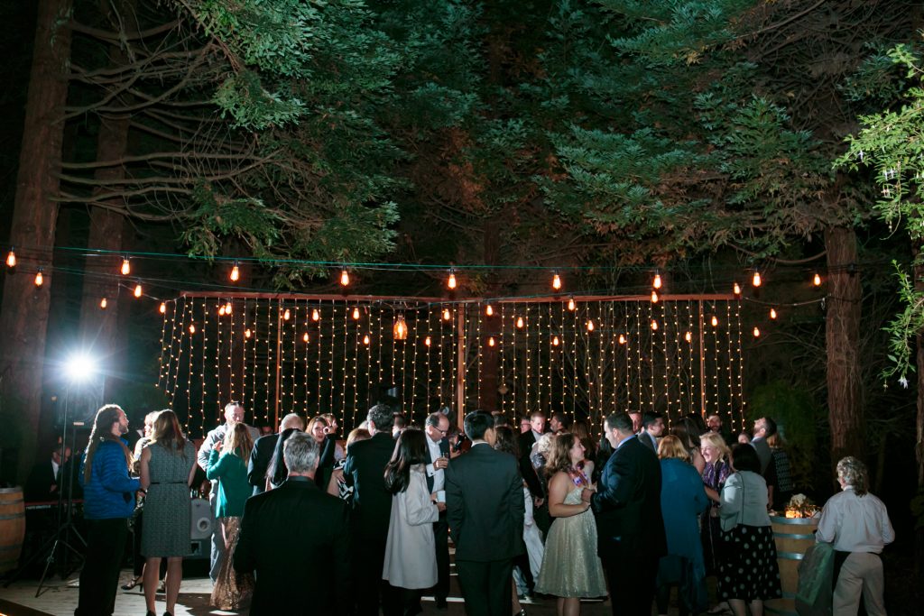 A far away look of the entire dance floor shows all the different lighting and the Redwood trees above.