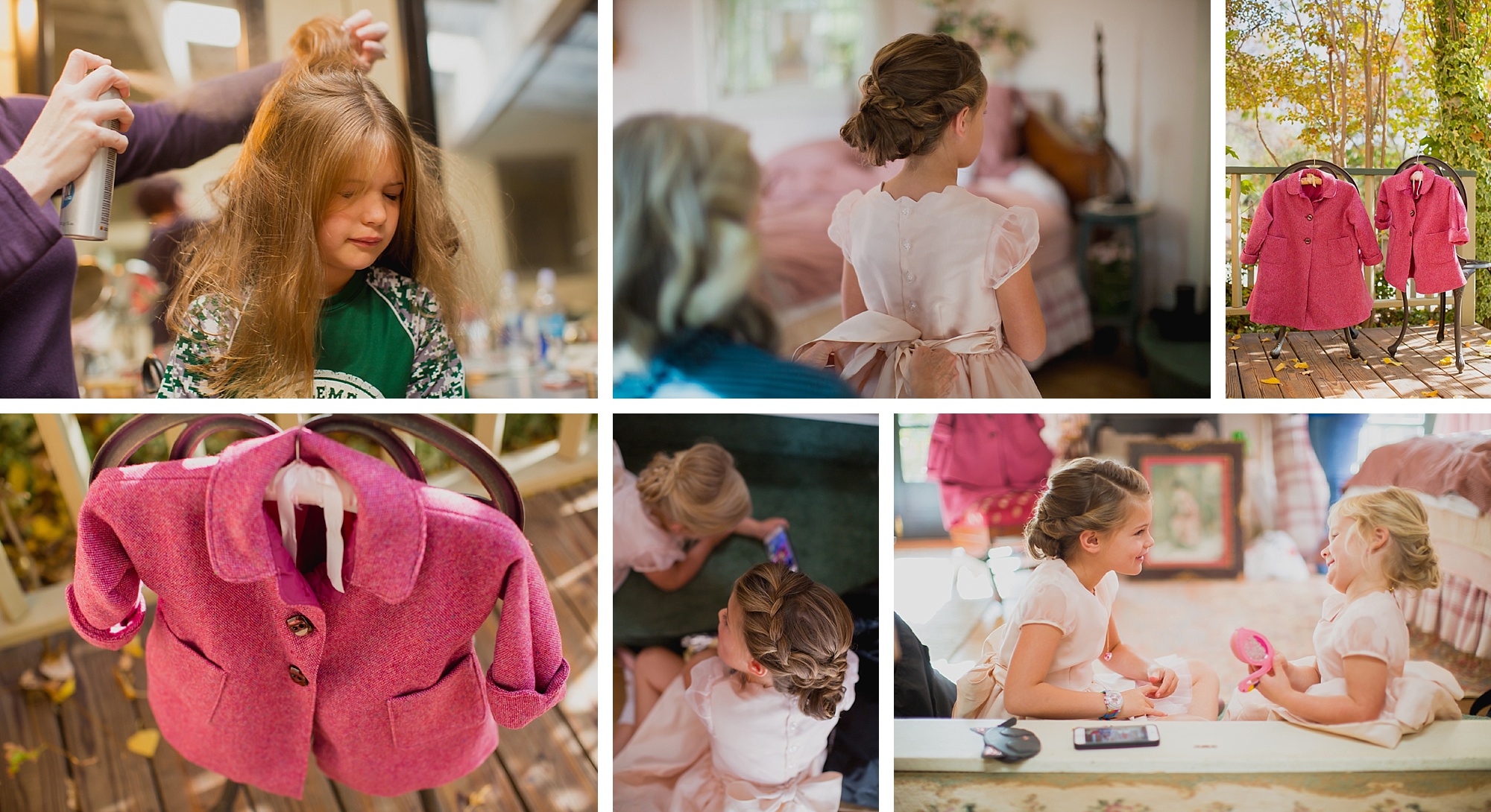 A collage of images of the flower girls. One girl closes her eyes while getting hairspray. Their pink handmade coats hang on chairs on the back patio. Their hair is both done in braided up-dos and the play together in their handmade pink dresses.